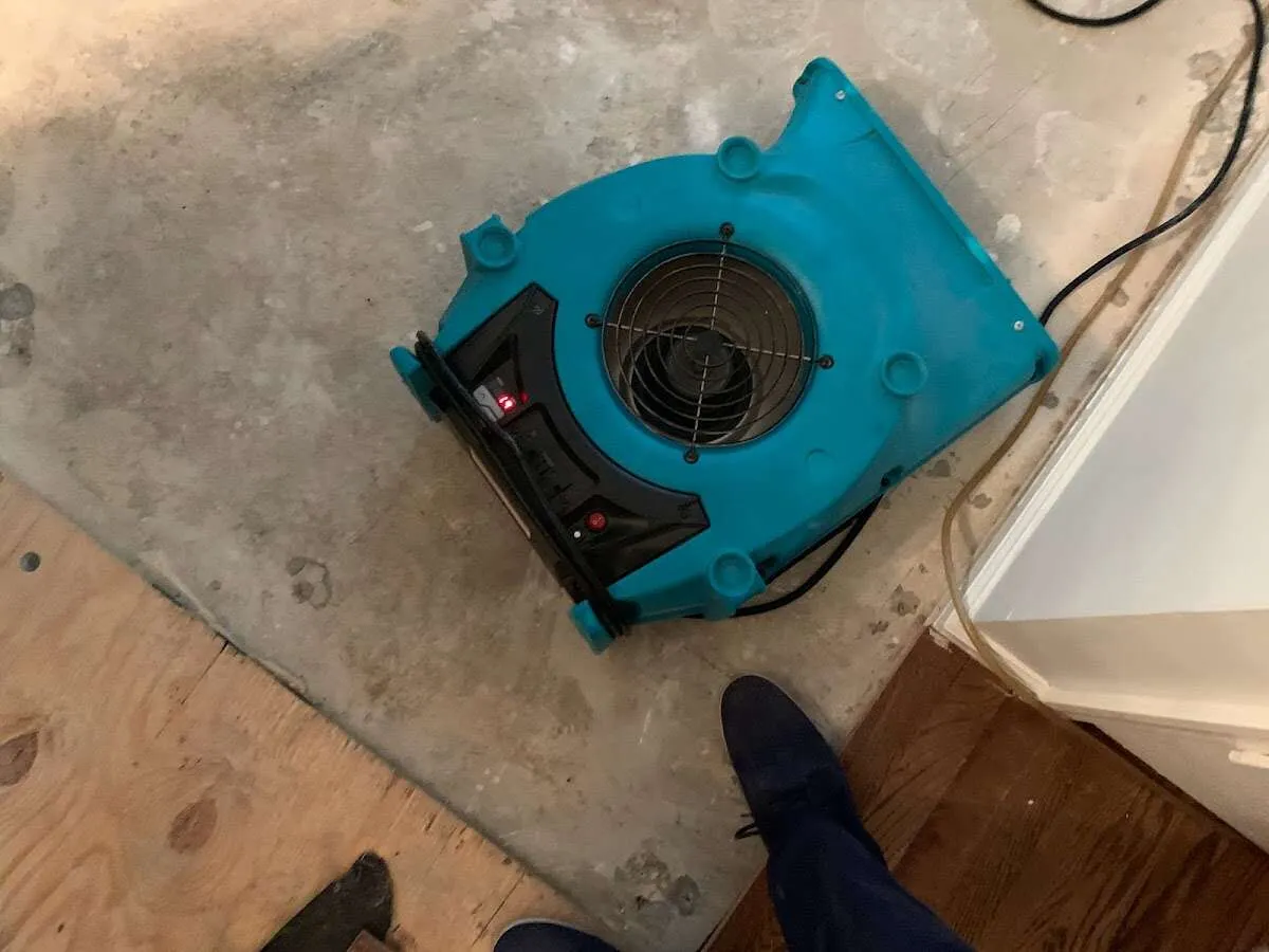 Air mover drying subfloor during Leak Detection & Repair in Hiawatha